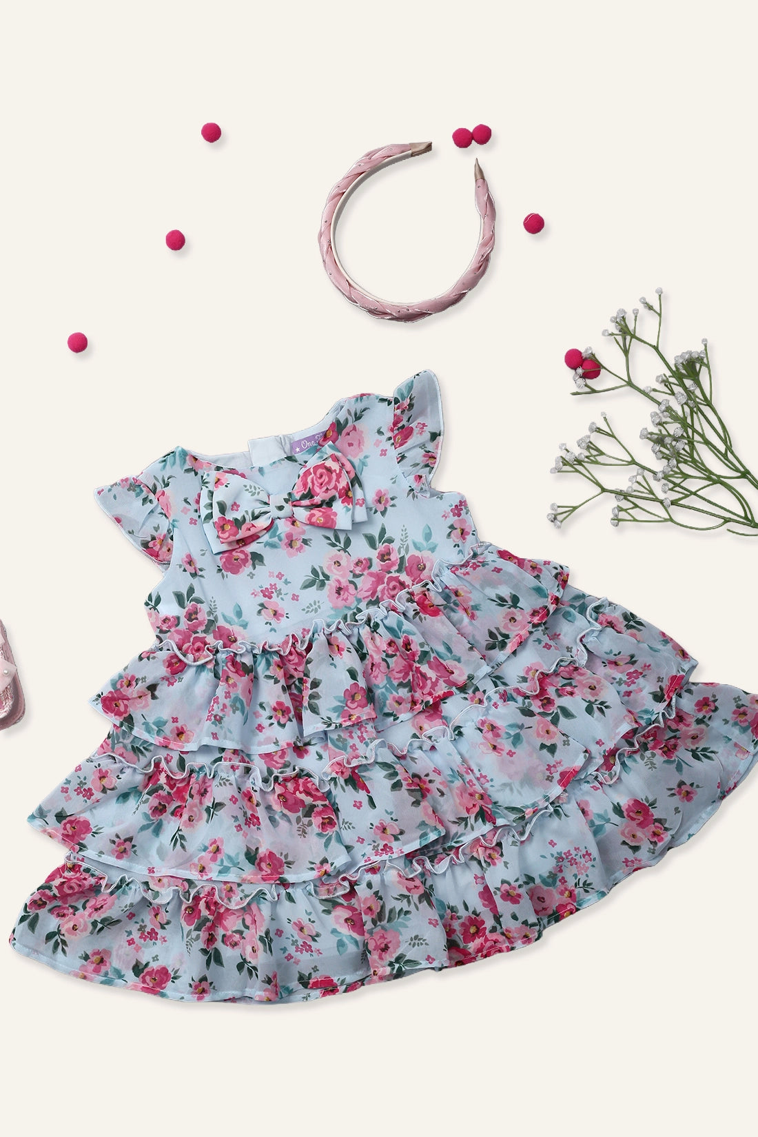 Girls Pink Rose Printed Blue Dress