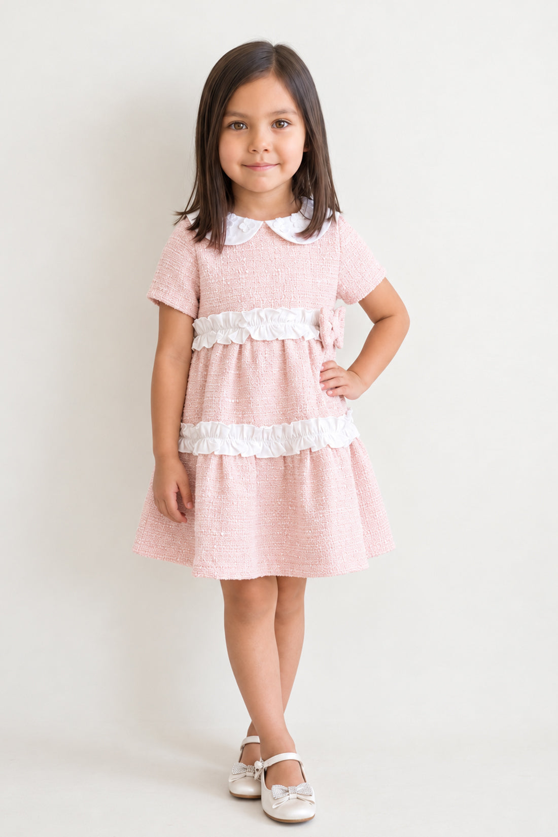 Baby Girls Pink Boucle Round Neck Full Sleeve Dress