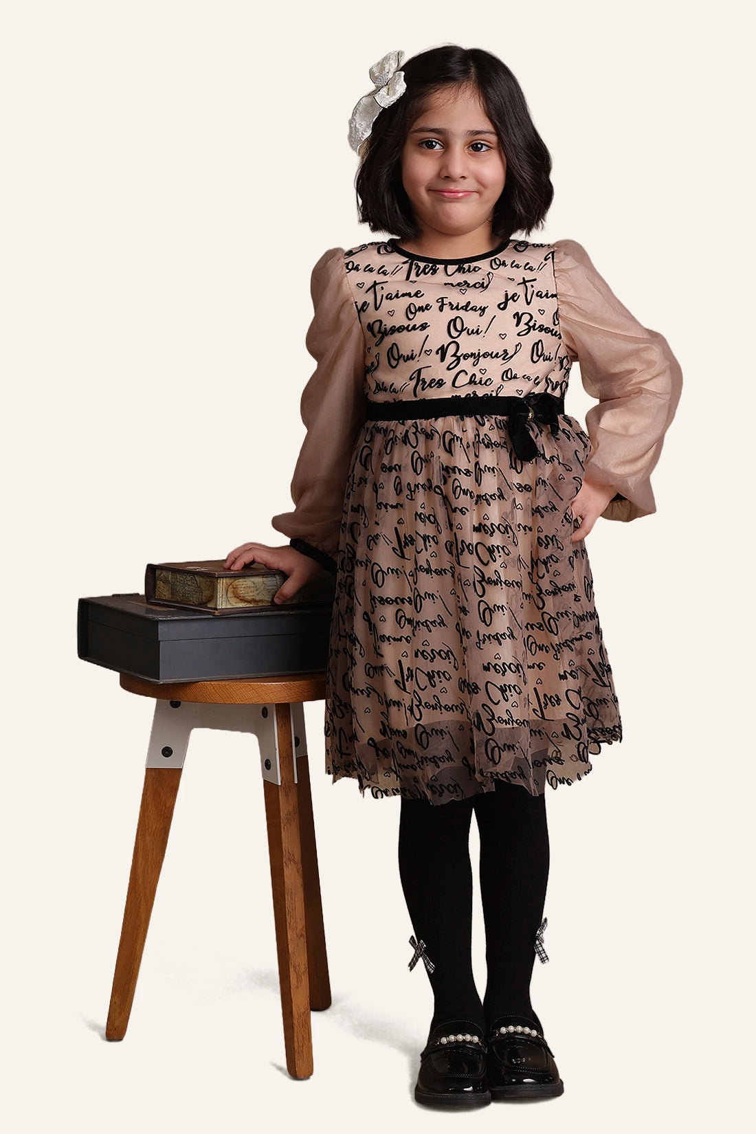 Girls Beige Text Print Dress