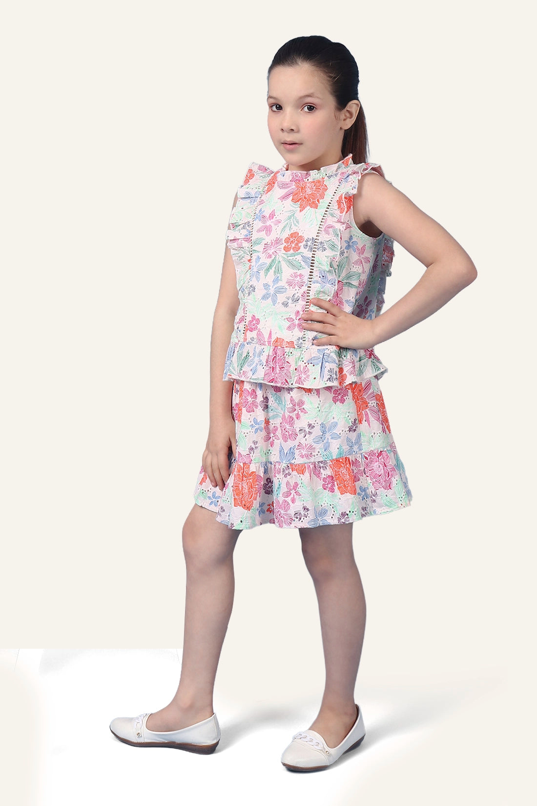 Girls Beige Printed Tiered Skirt With Elasticated Waistband