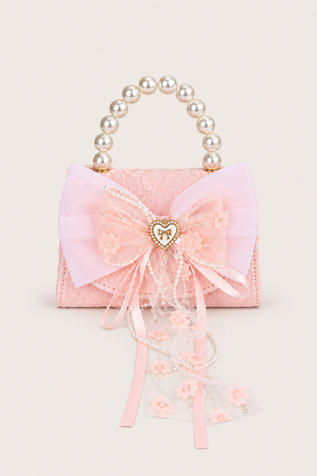 Girls Pink Pearl Mesh Embellished Hand Bag
