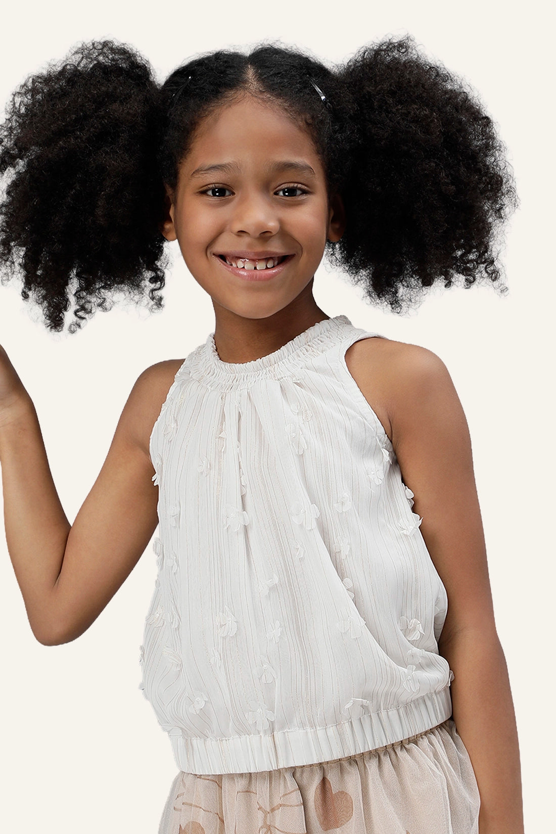 Girls Off White Round Neck Top