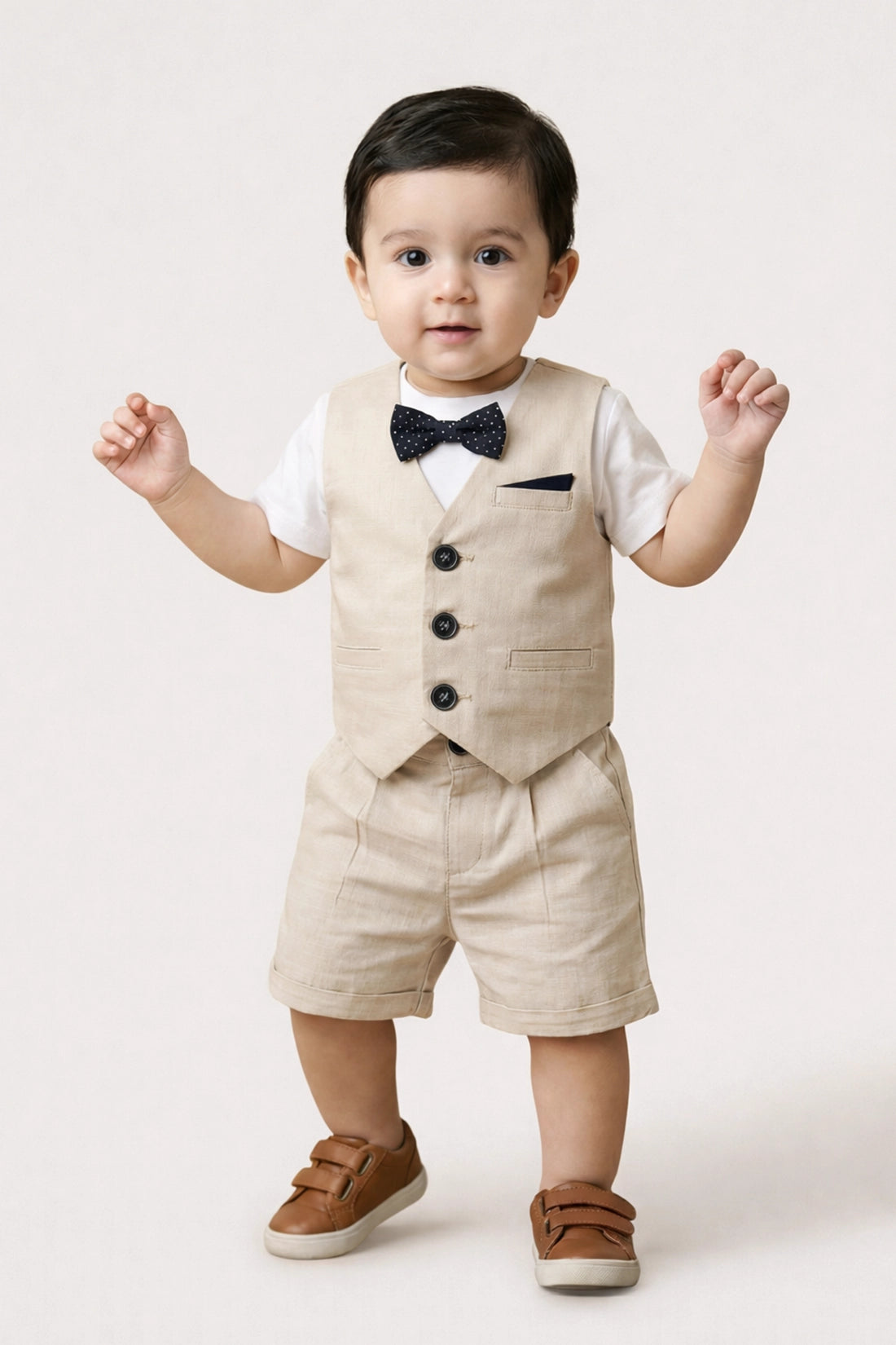 Baby Boys Beige Round Neck Waistcoat with T-Shirt