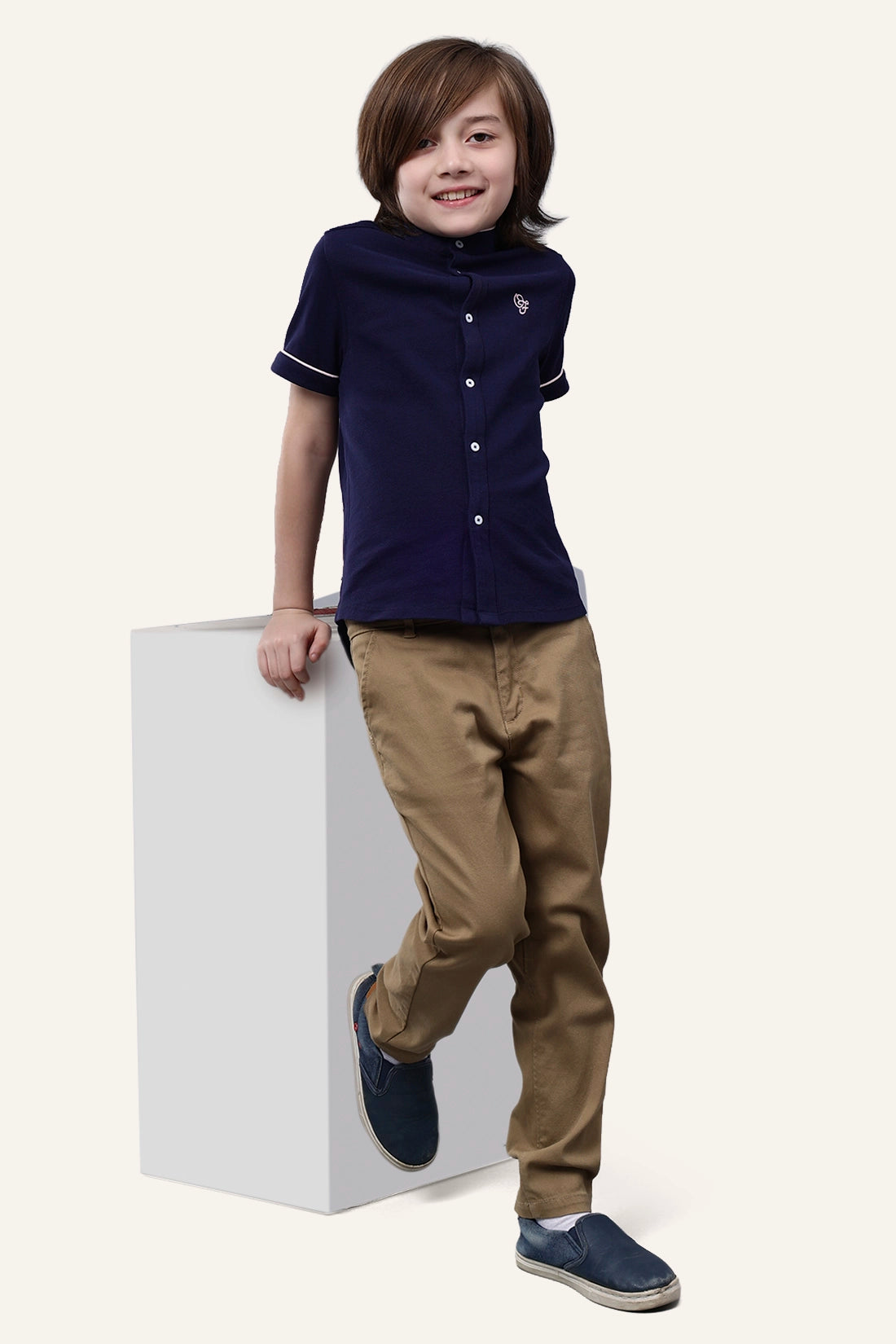 Boys Navy Blue Mandarin Collar Casual Shirt