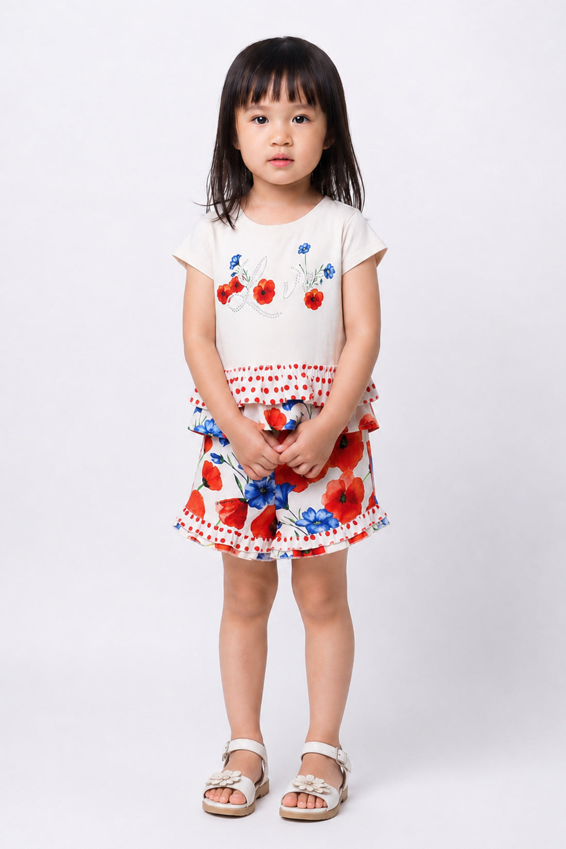Baby Girls Off White Floral Peplum Top With Shorts Set