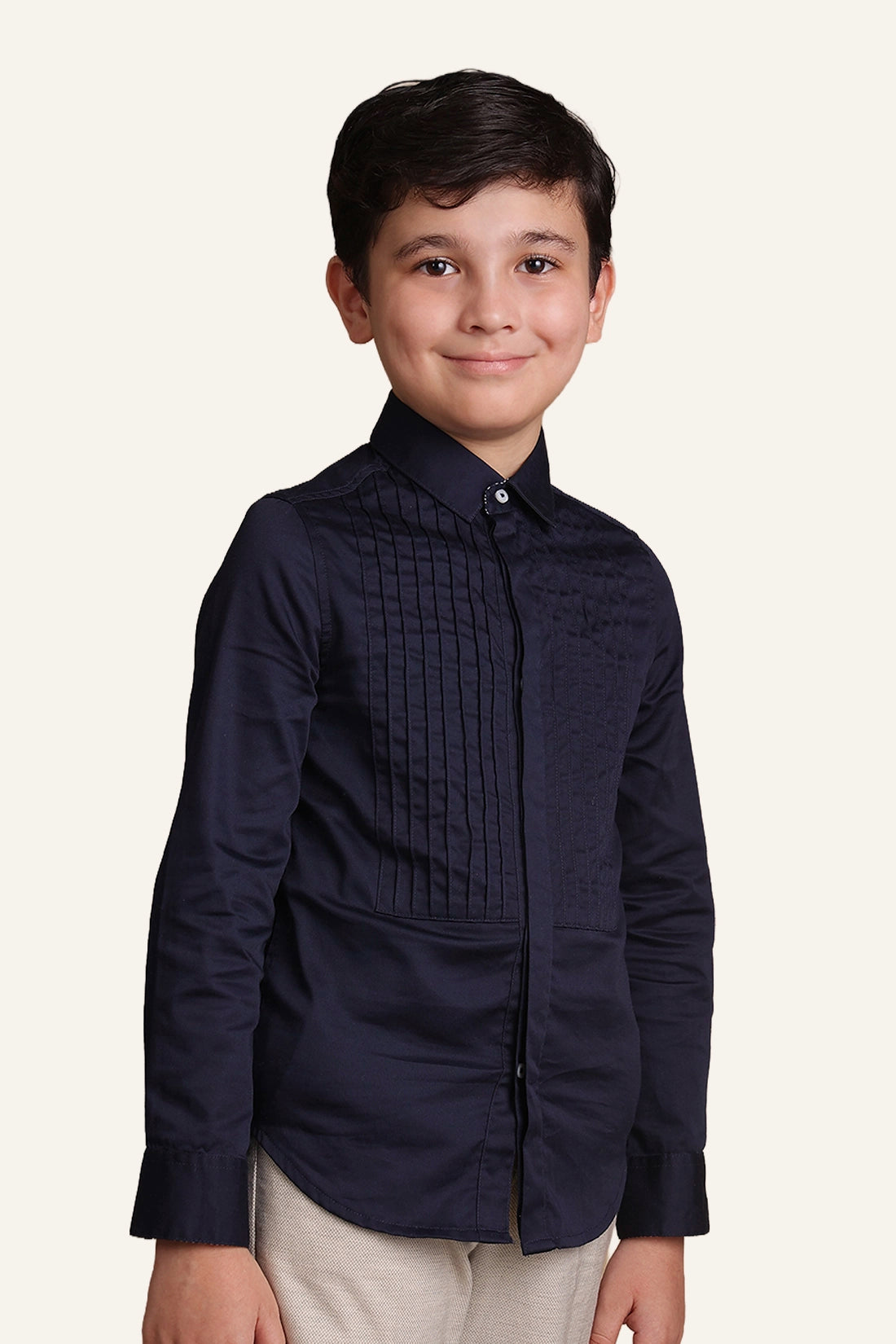 Boys Navy Blue Pintuck Slim Fit Shirt