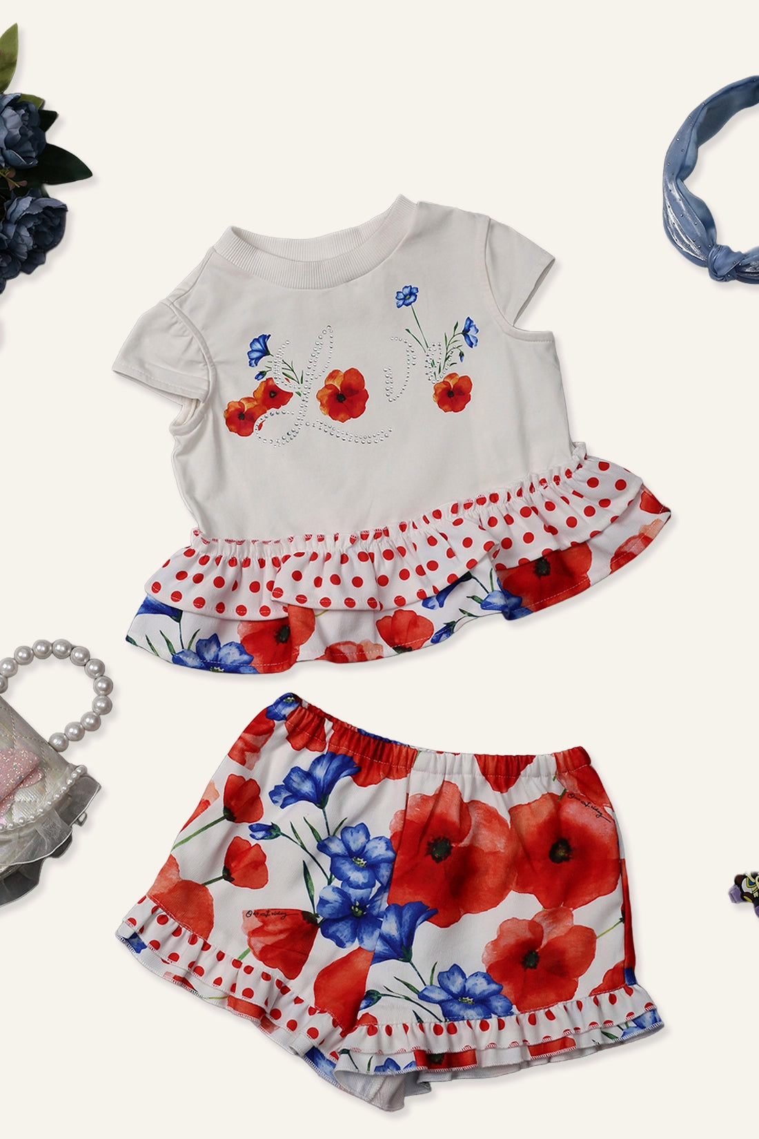 Baby Girls Off White Floral Peplum Top With Shorts Set
