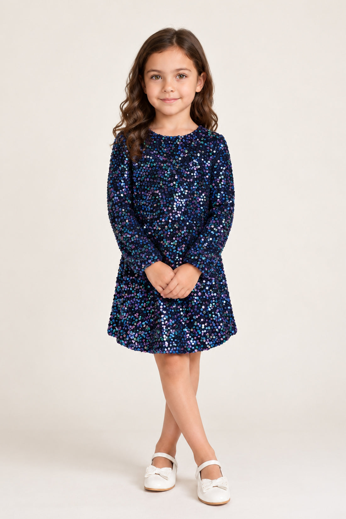 Girls Multi Sequin Velour Full Sleeve Dress