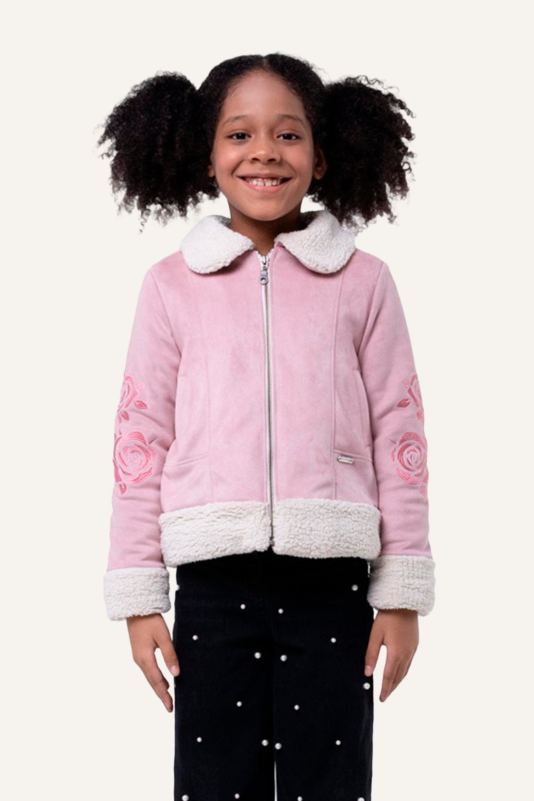 Girls Pink Jacket With Faux Fur Detail