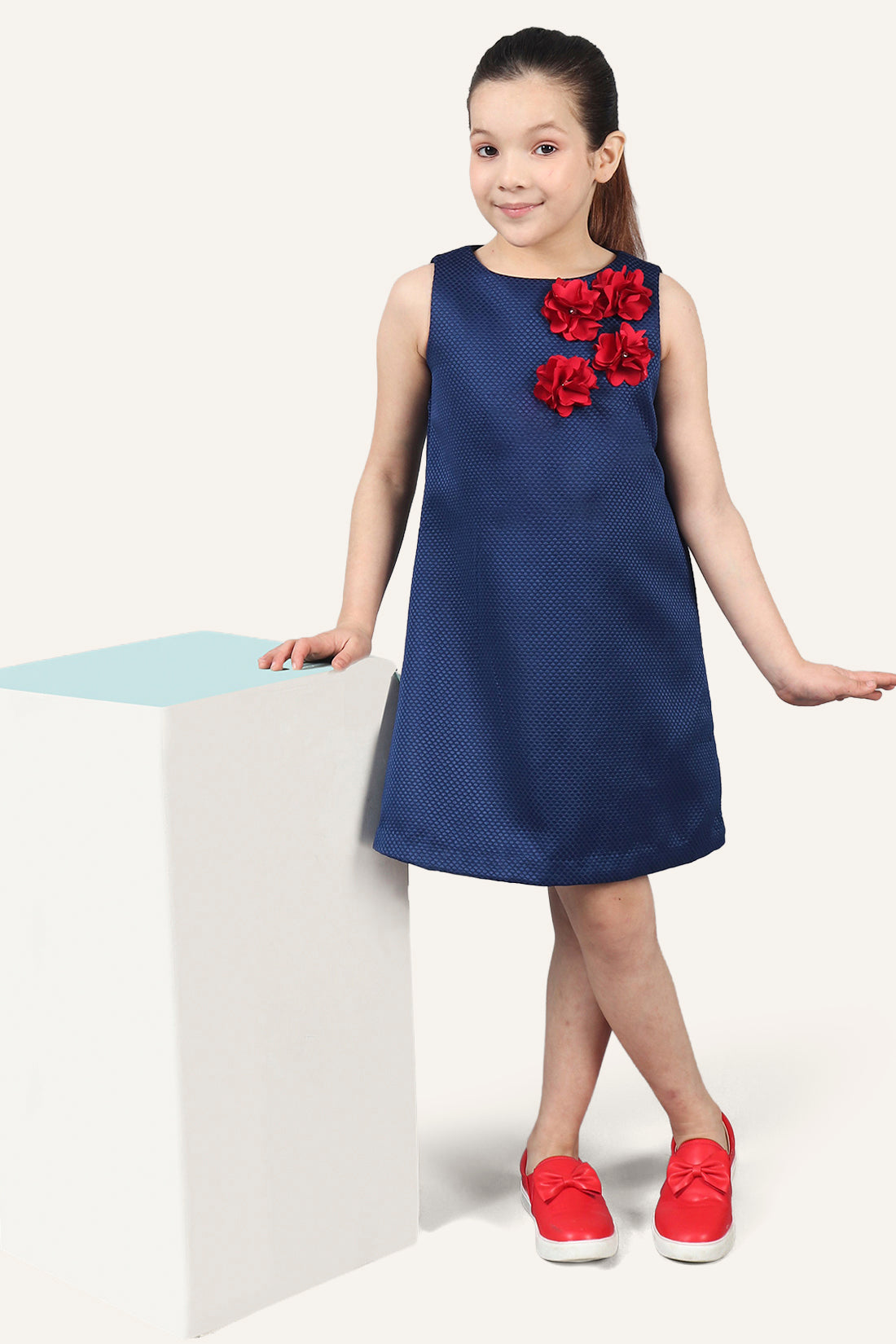 Girls Navy Blue Dress With Flowers Applique