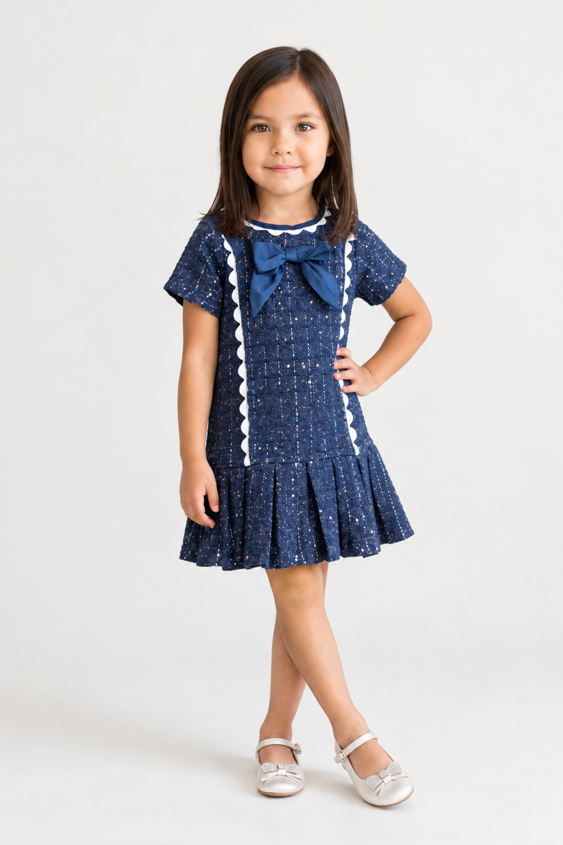 Baby Girls Navy Blue Boucle Half Sleeve Dress