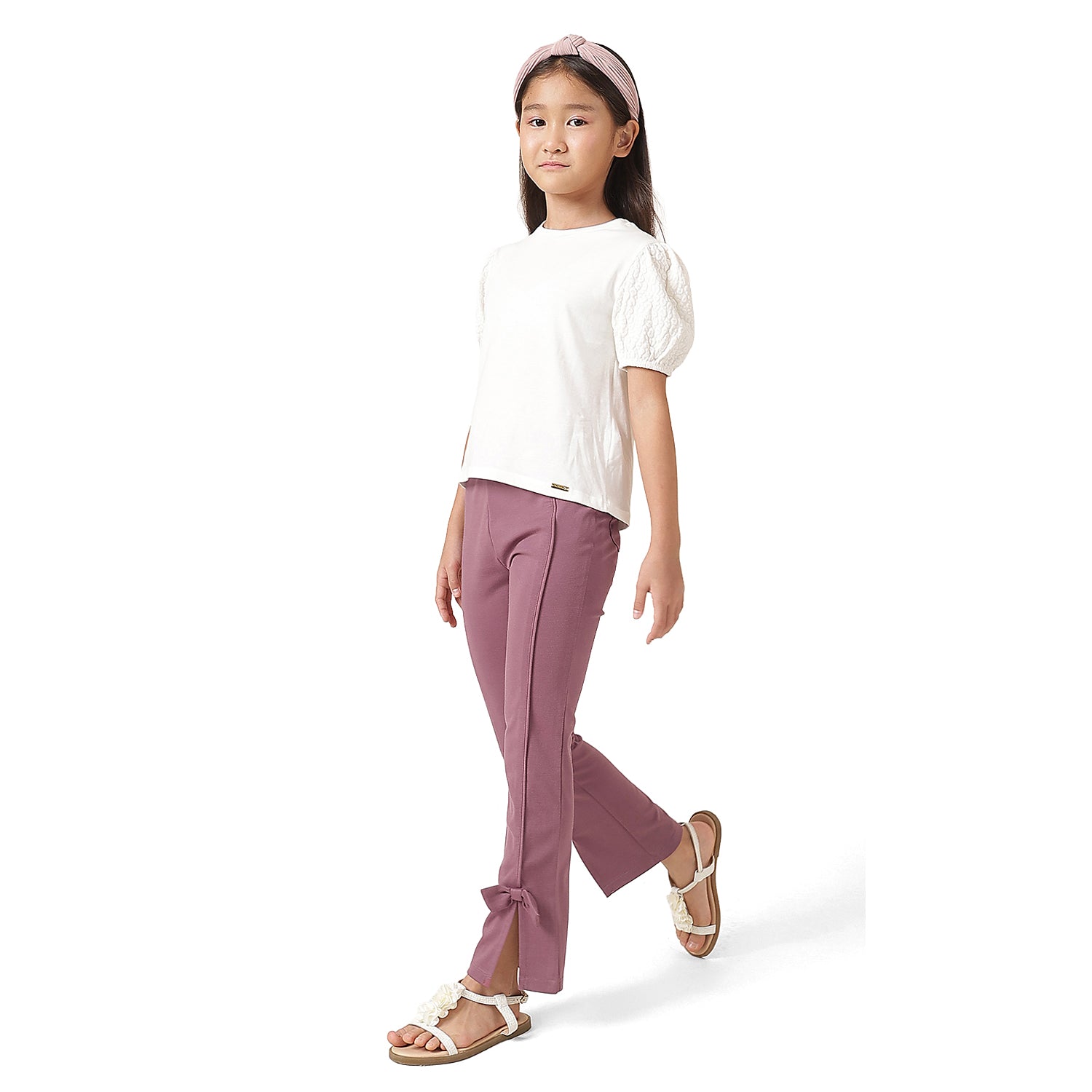 Girls Peach Solid Cotton Casual Jeggings