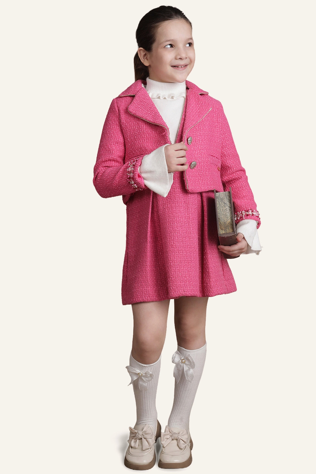 Girls Pink Boucle Woven Regular Fit Jacket