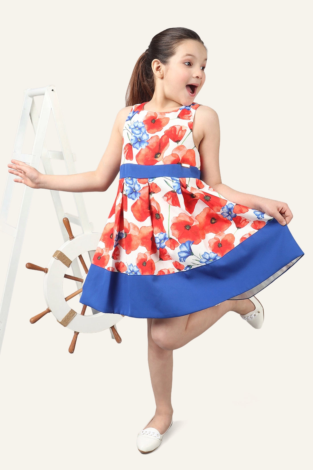 Girls Floral Printed Dress With Bow