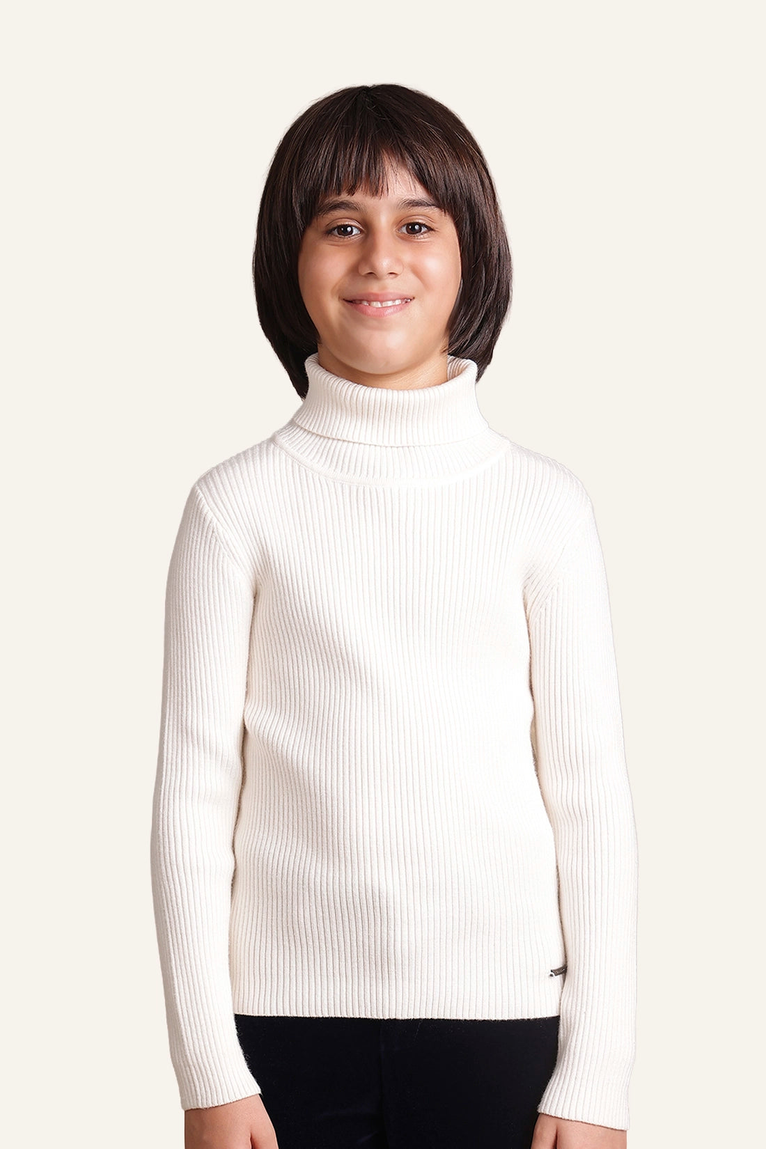 Boys Ivory White Solid Turtleneck Jumper