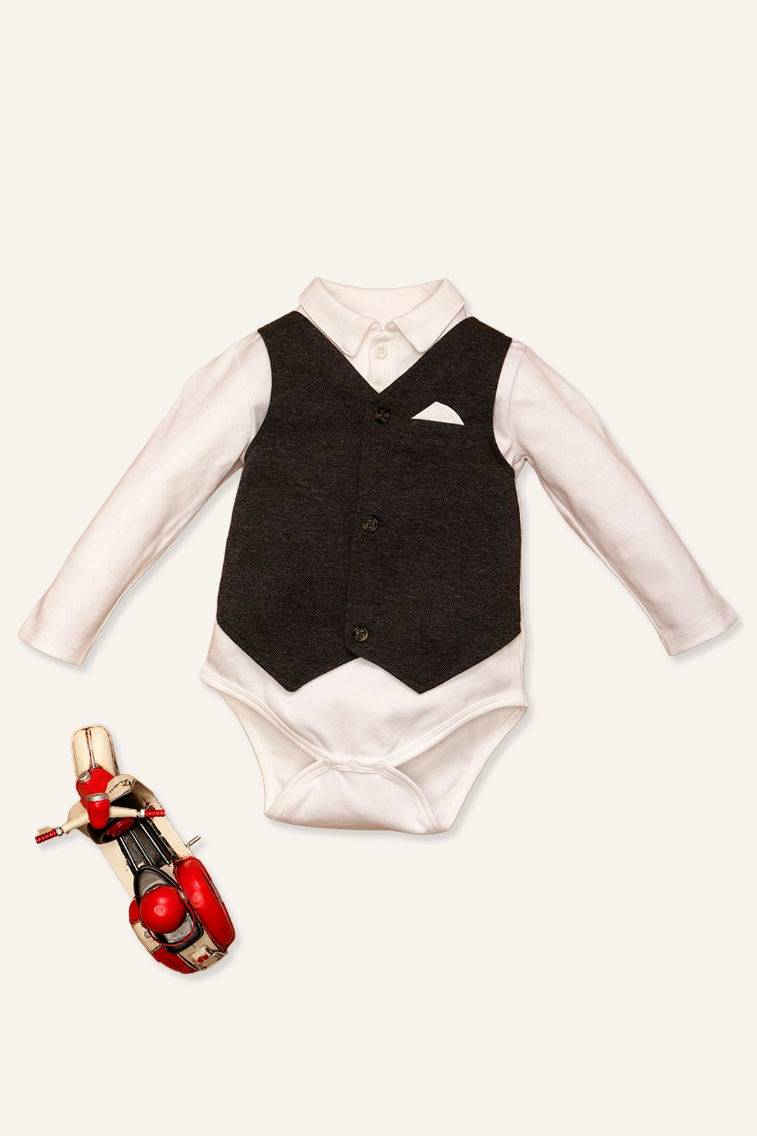 Baby Boys Grey Romper With Waistcoat