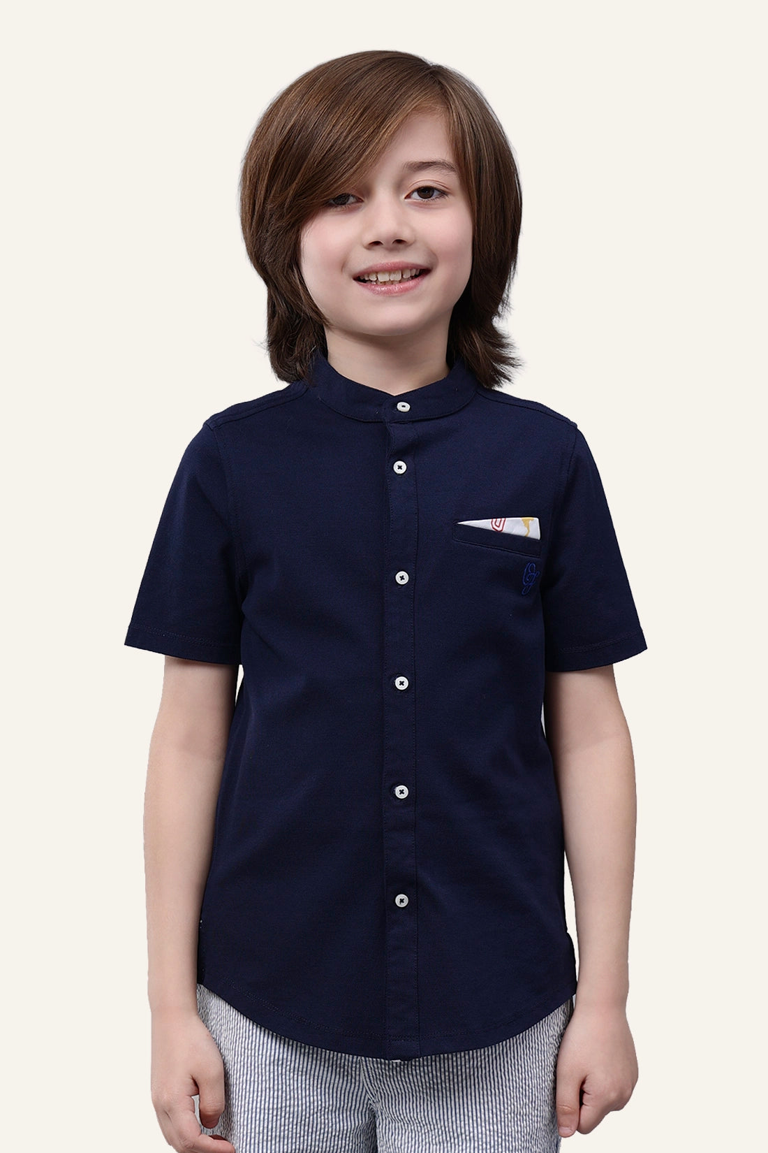 Boys Navy Blue Chinese Collar Shirt