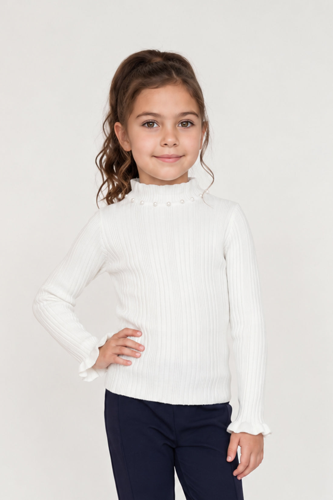 Girls Off White Acrylic High Neck Jumper