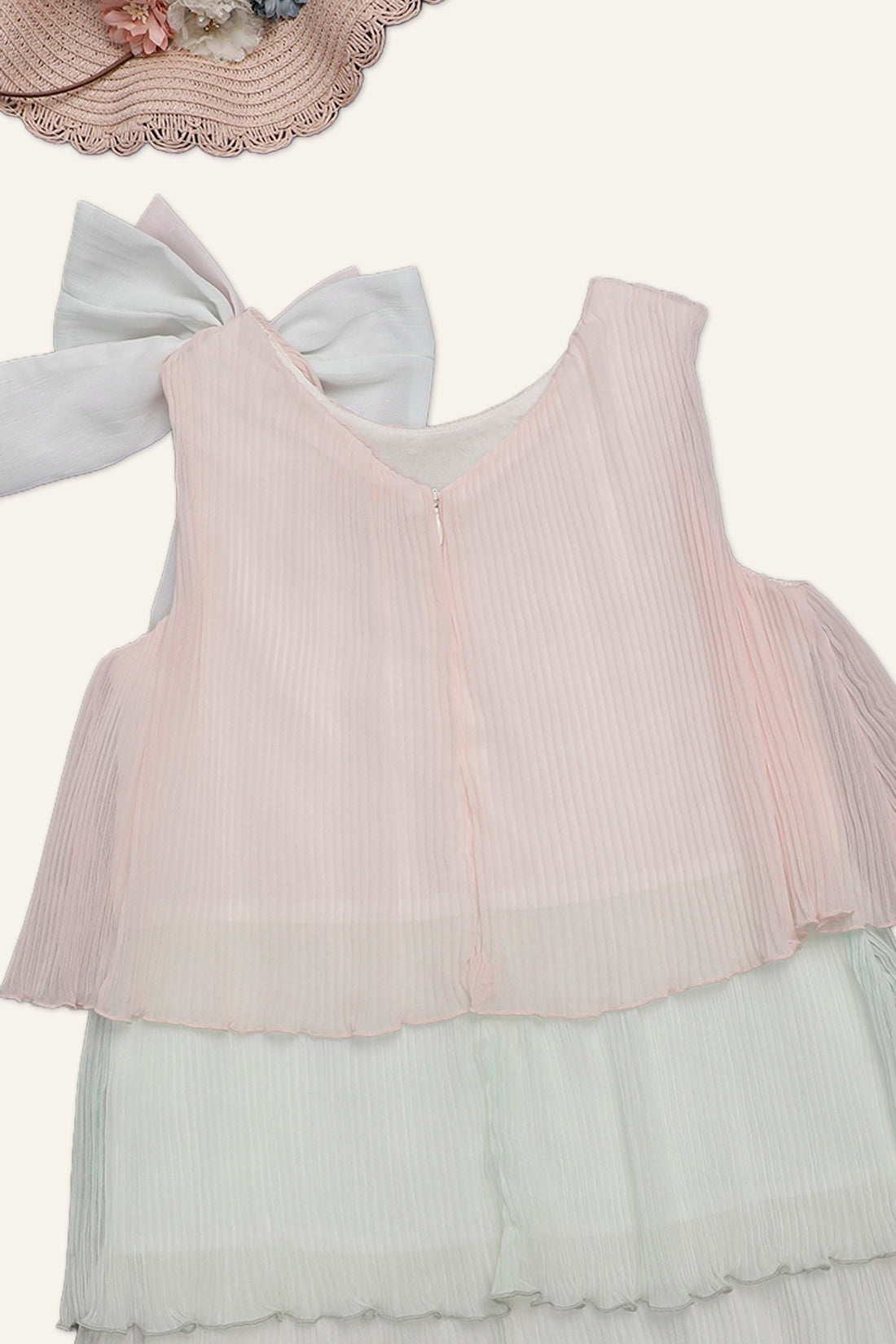 Girls Peach and White Pleated Layered Dress