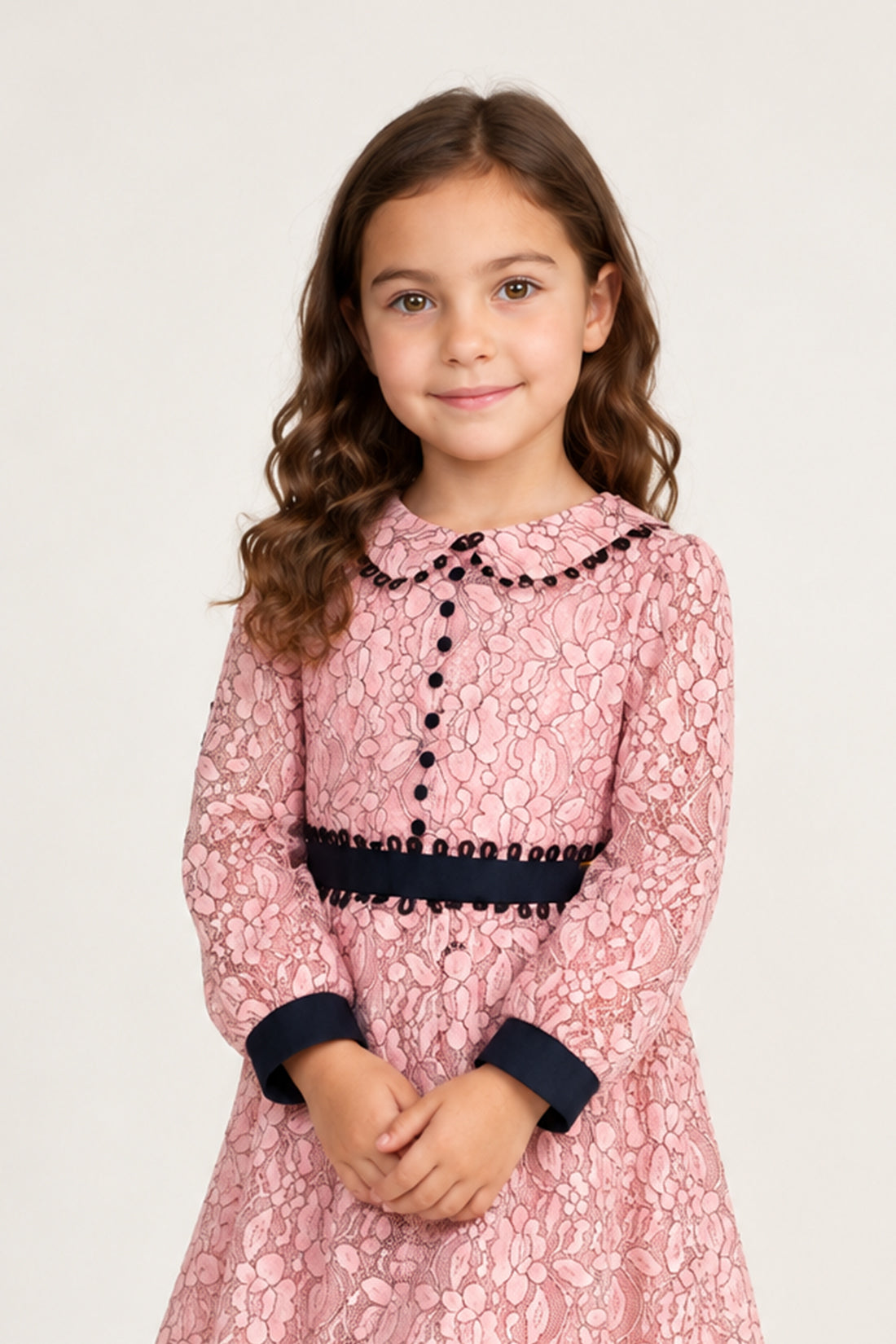 Girls Peach Lace Mesh Full Sleeve Dress