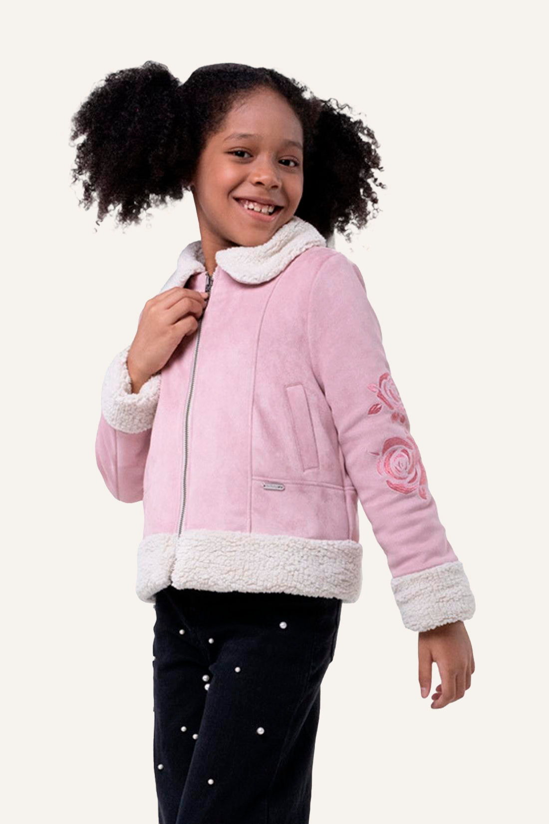Girls Pink Jacket With Faux Fur Detail
