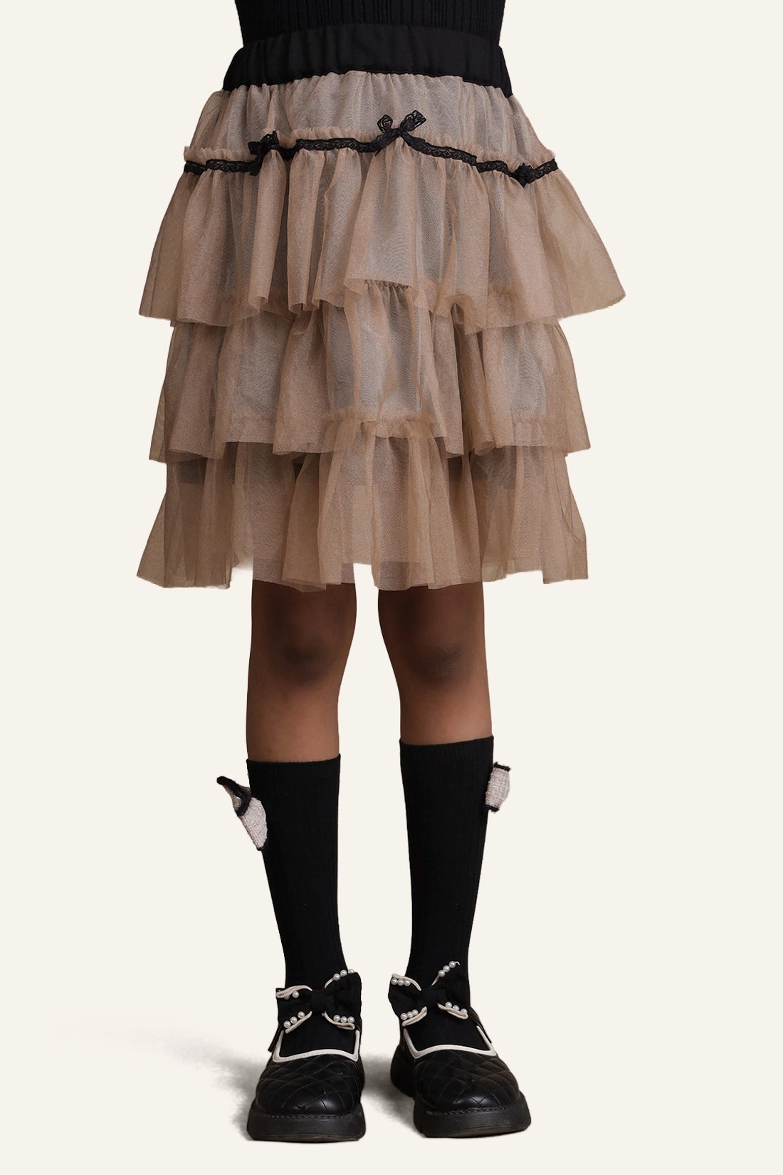 Girls Beige Layered Skirt – Flared Fit