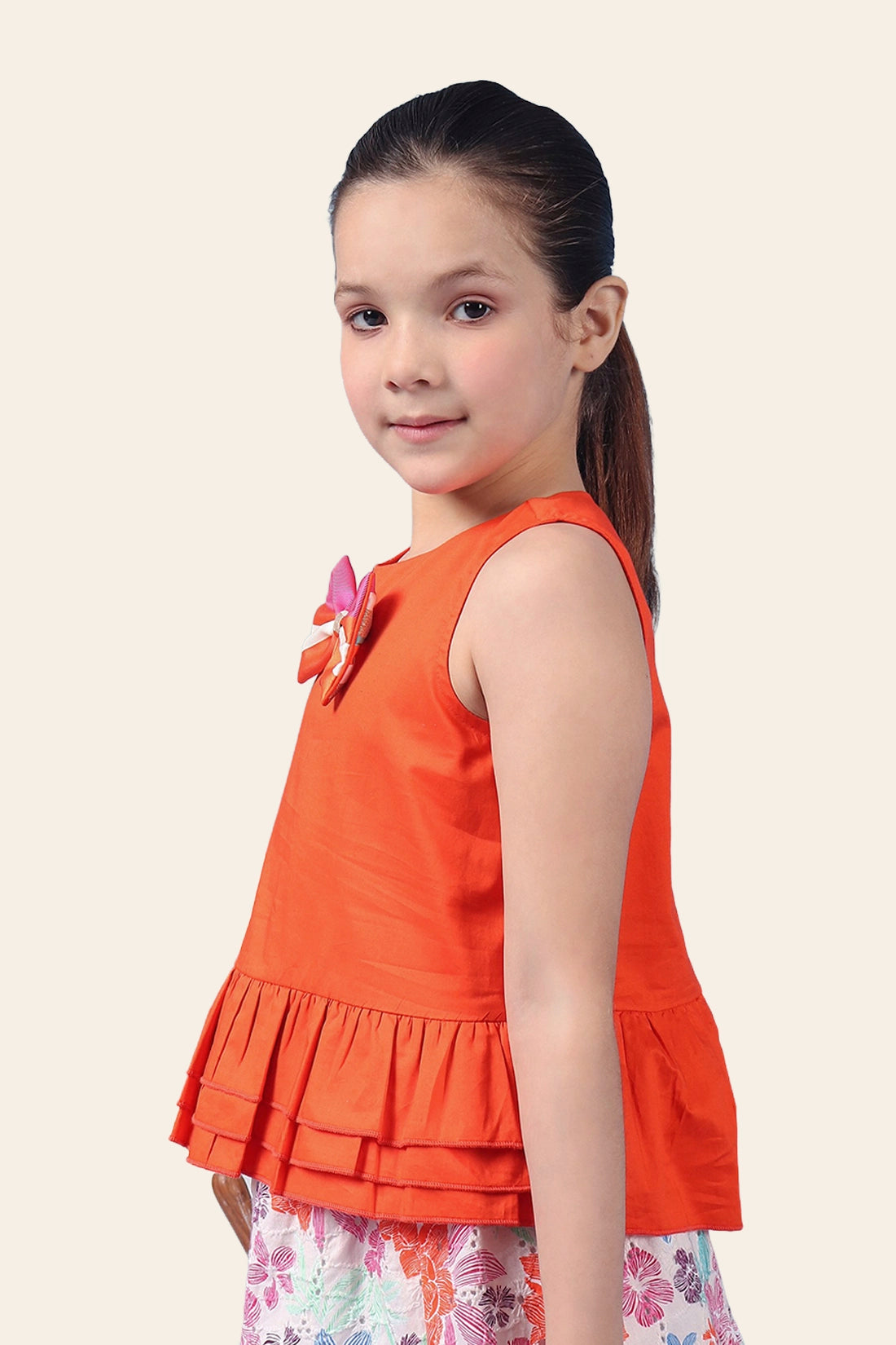 Girls Orange 100% Cotton Round Neck Peplum Top