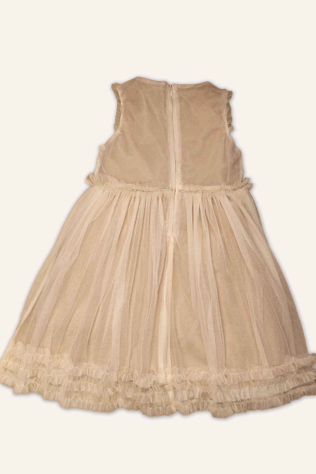 Girls Beige Netted Love Embroidered Dress