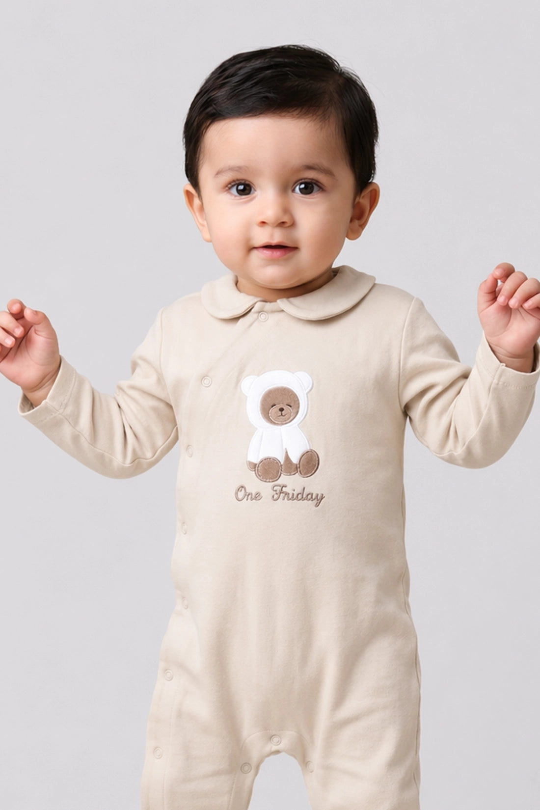 Unisex Beige Cotton Full Sleeve Romper