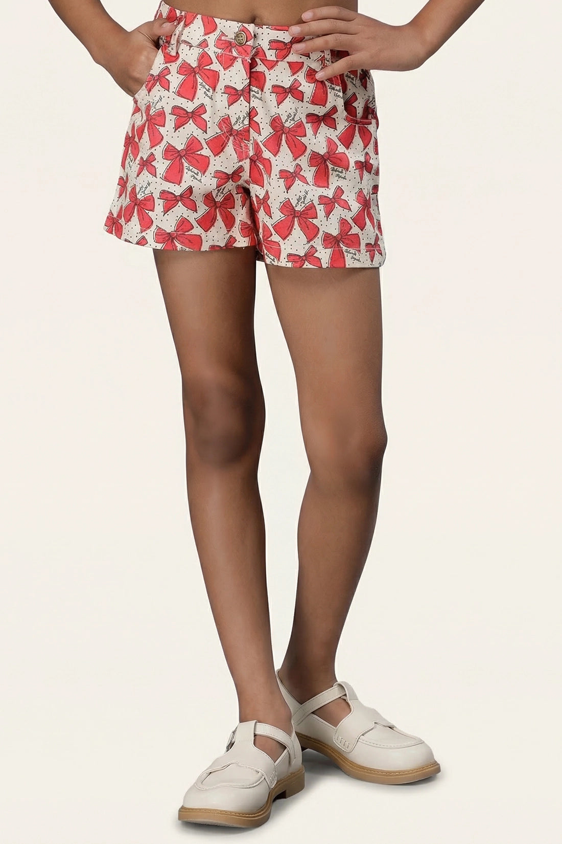 Girls White Short with Red Bow Print
