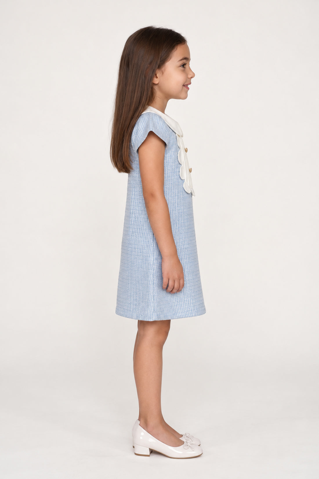 Girls Blue Boucle Shirt Collar Half Sleeve Dress