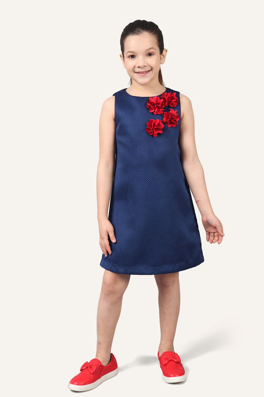 Girls Navy Blue Dress With Flowers Applique