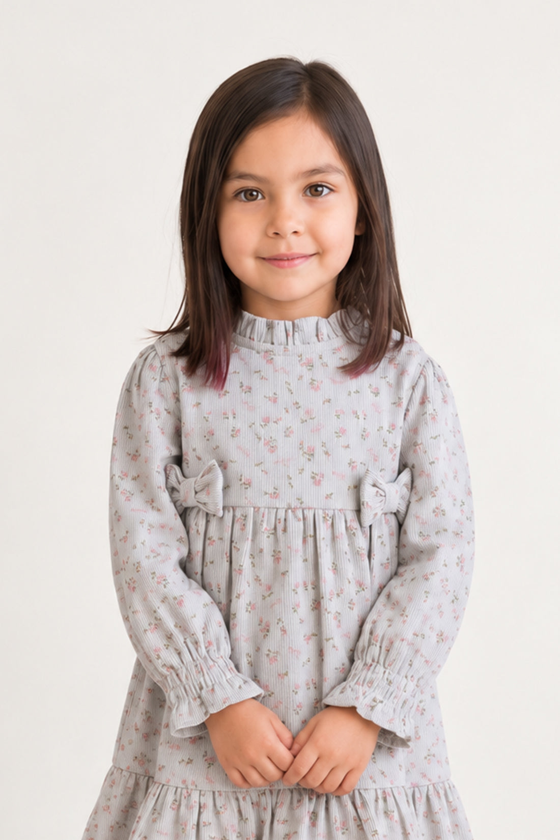 Baby Girls Blue Printed Corduroy Full Sleeve Dress