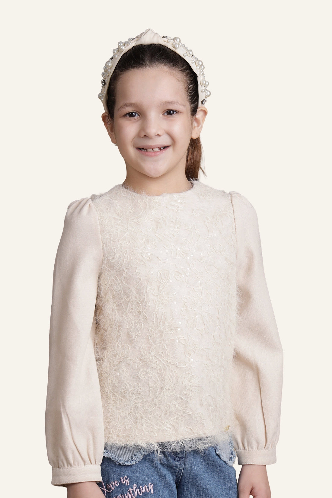 Girls Beige Laced Top