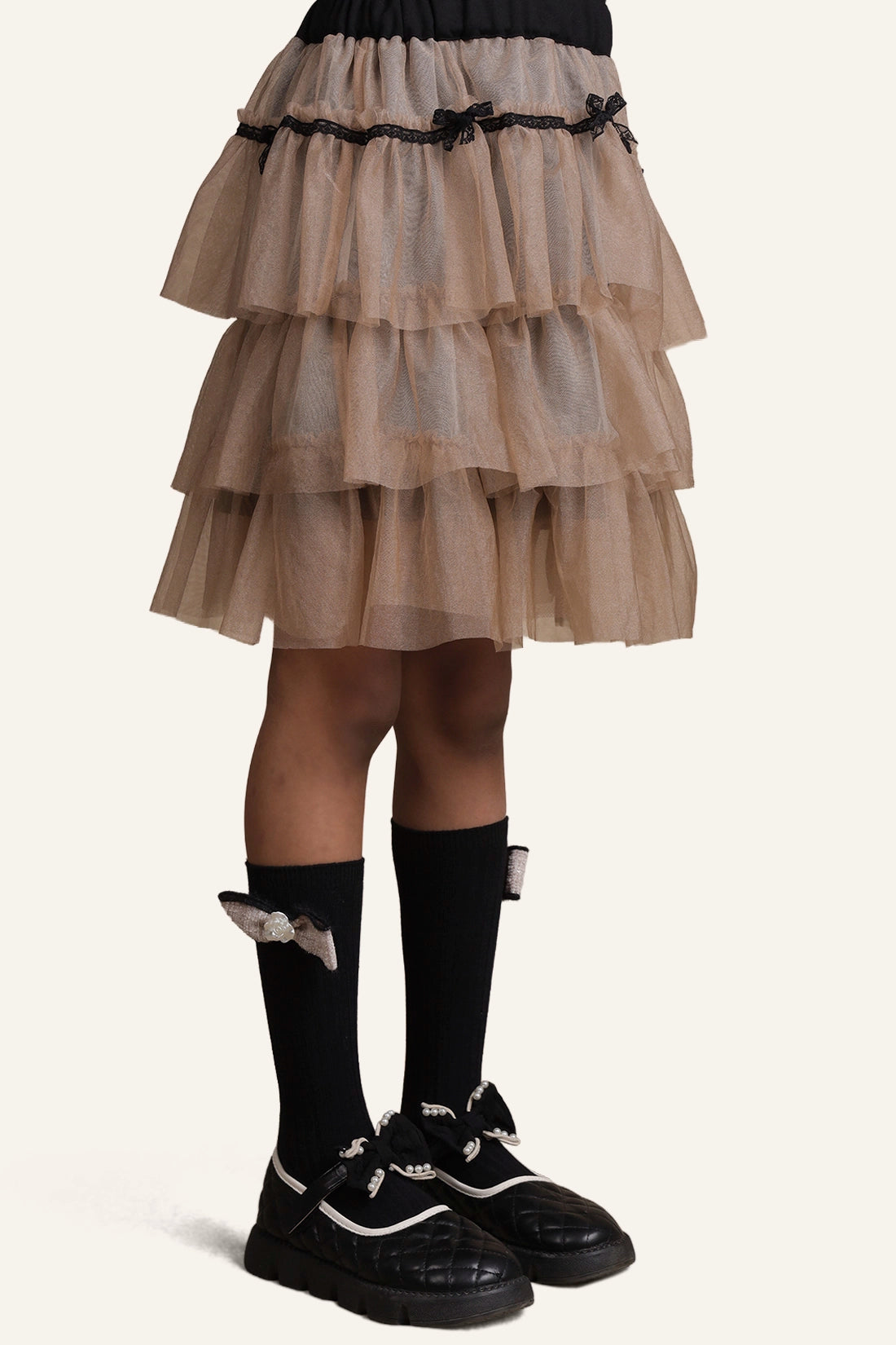 Girls Beige Layered Skirt – Flared Fit