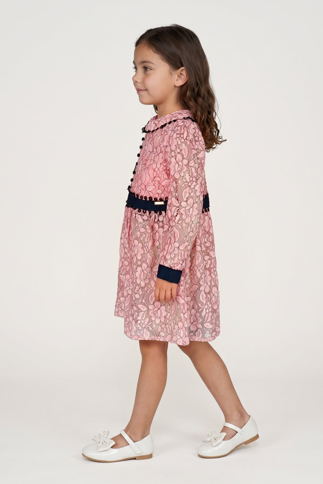 Girls Peach Lace Mesh Full Sleeve Dress