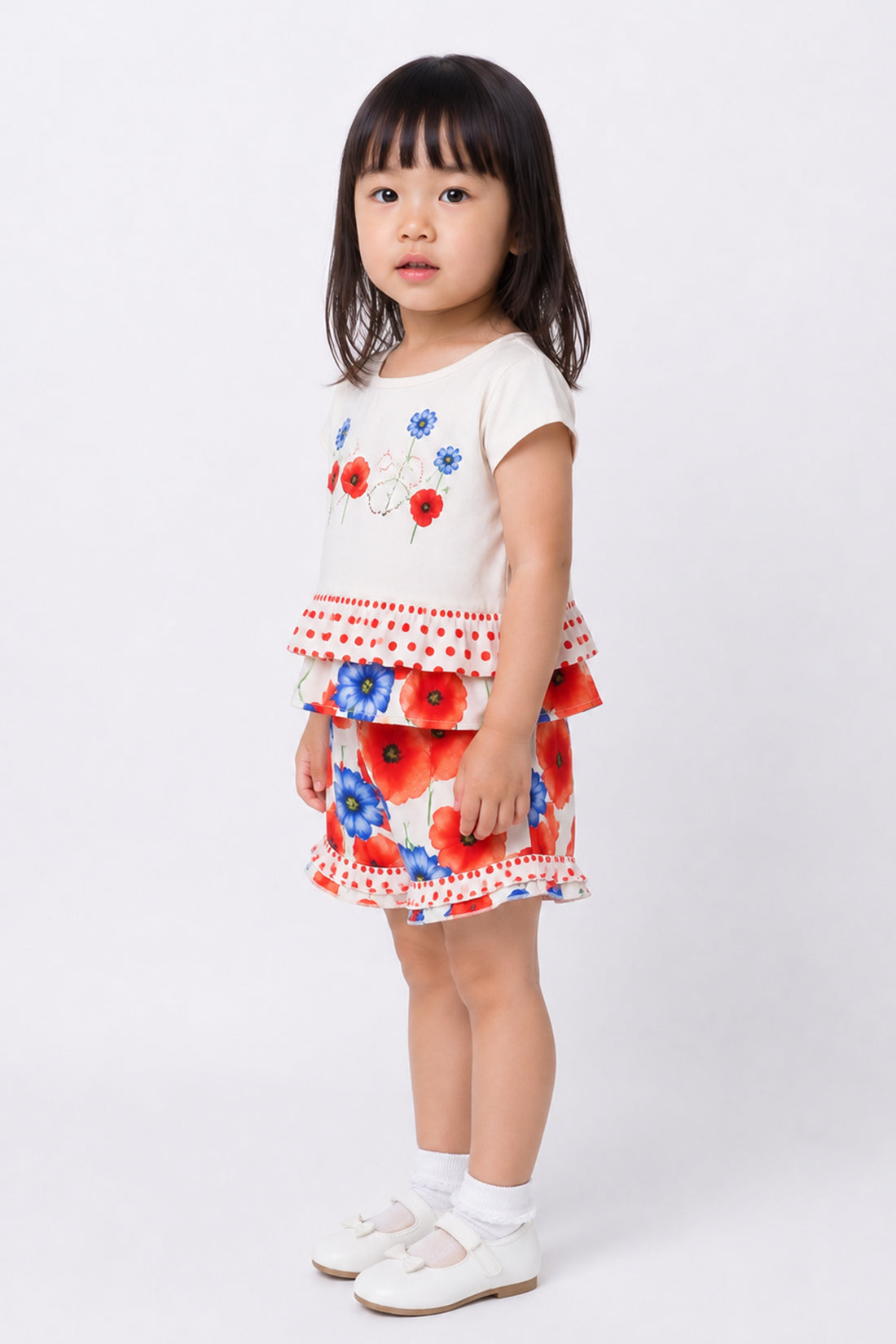 Baby Girls Off White Floral Peplum Top With Shorts Set