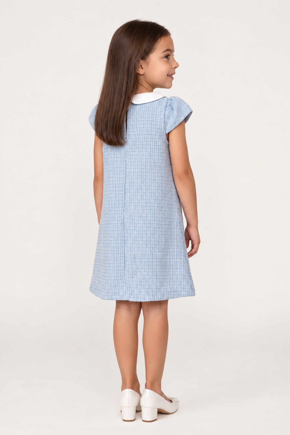 Girls Blue Boucle Shirt Collar Half Sleeve Dress