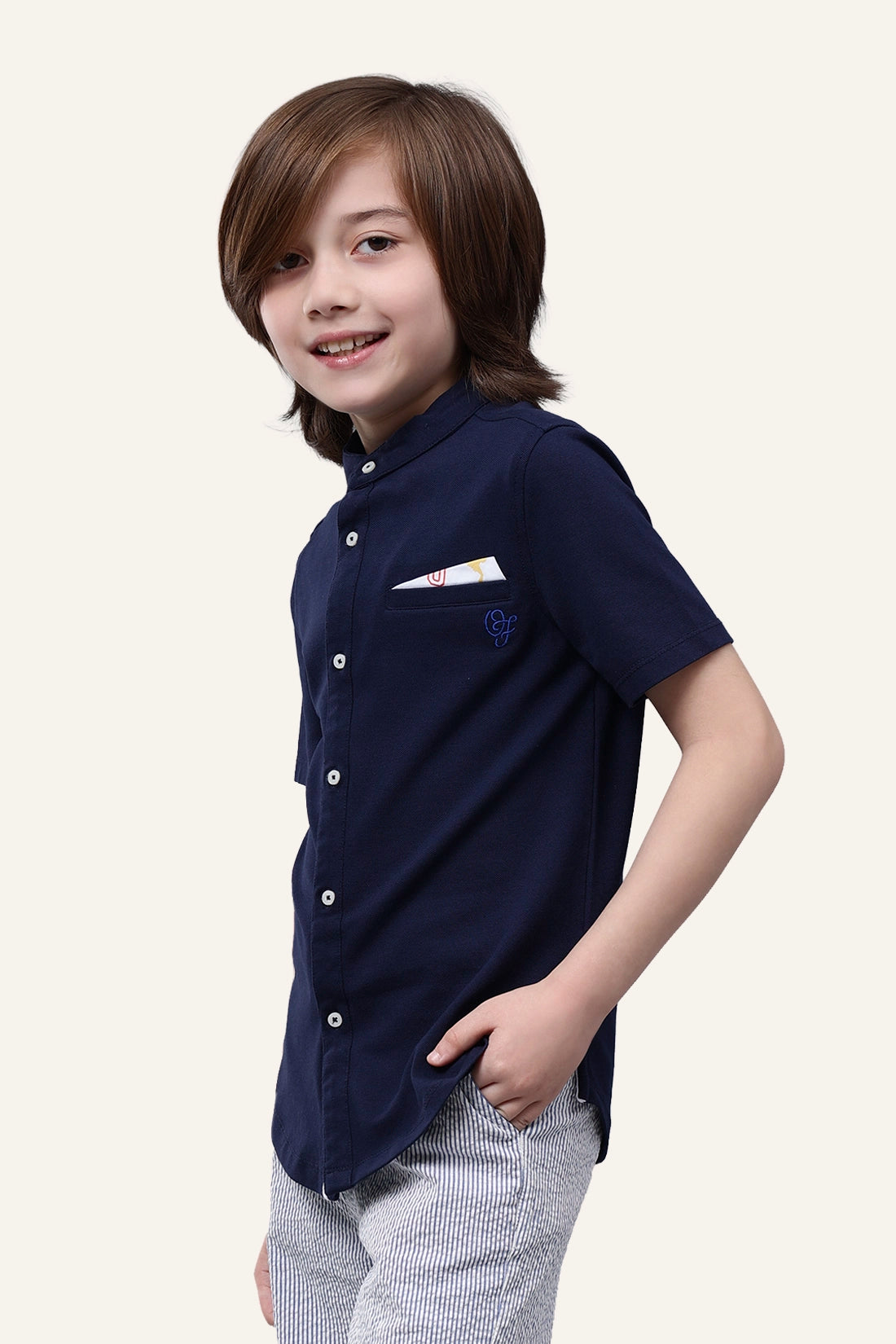 Boys Navy Blue Chinese Collar Shirt