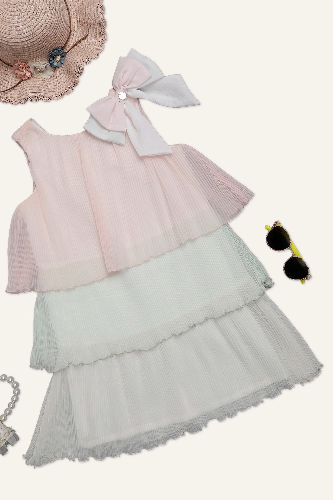 Girls Peach and White Pleated Layered Dress