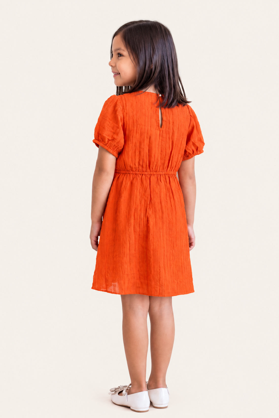 Orange Crushed Crepe Half Sleeve Dress