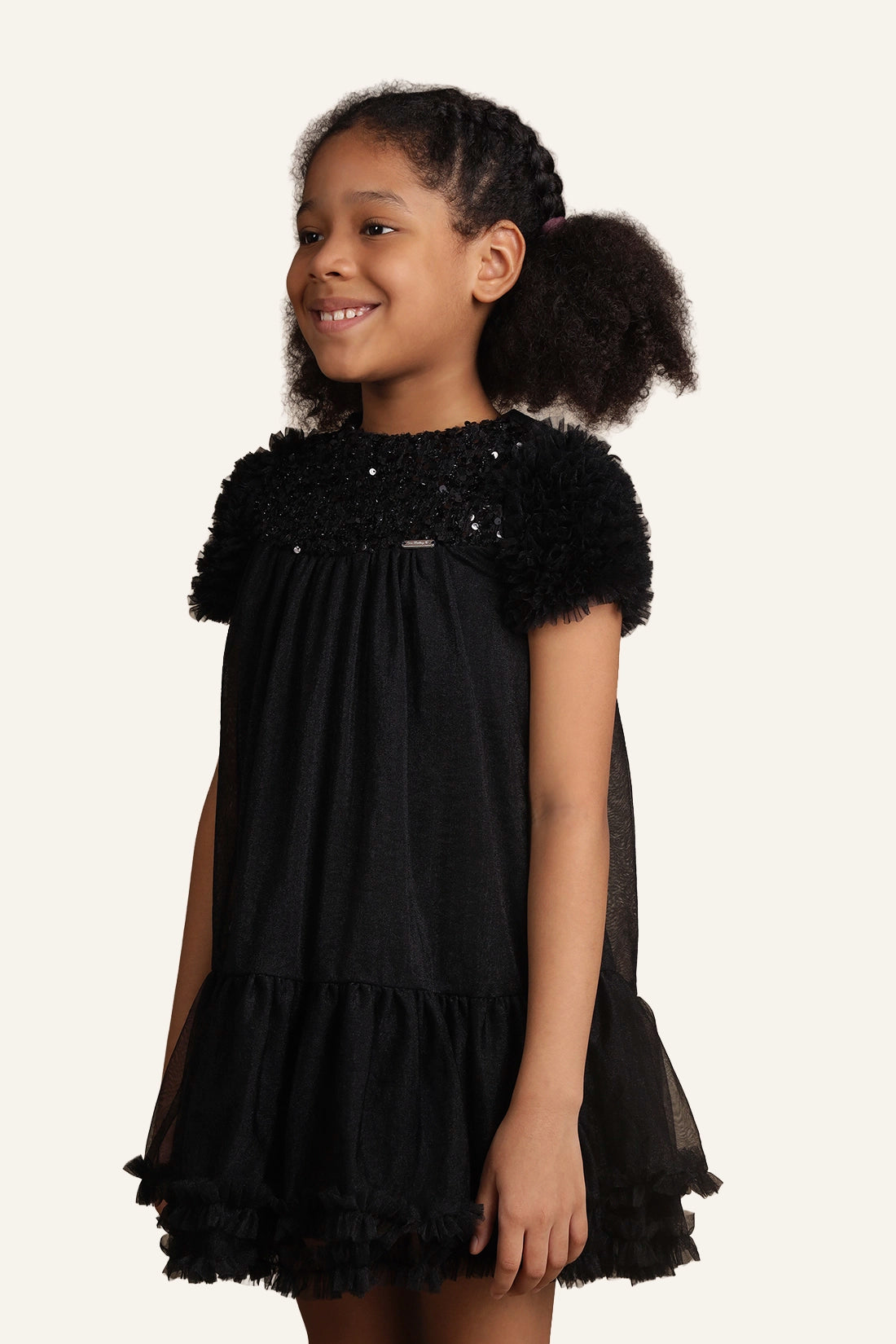 Girls Black Sequinned Embroidered Dress