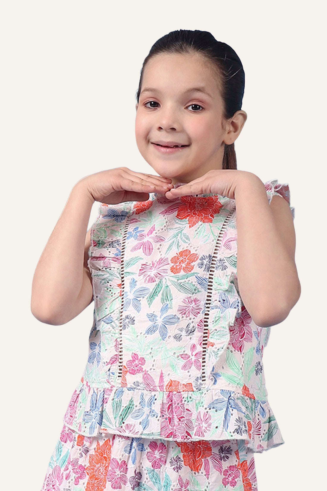 Girls Beige Printed Lace Detailed Top With Frills and Neck Band