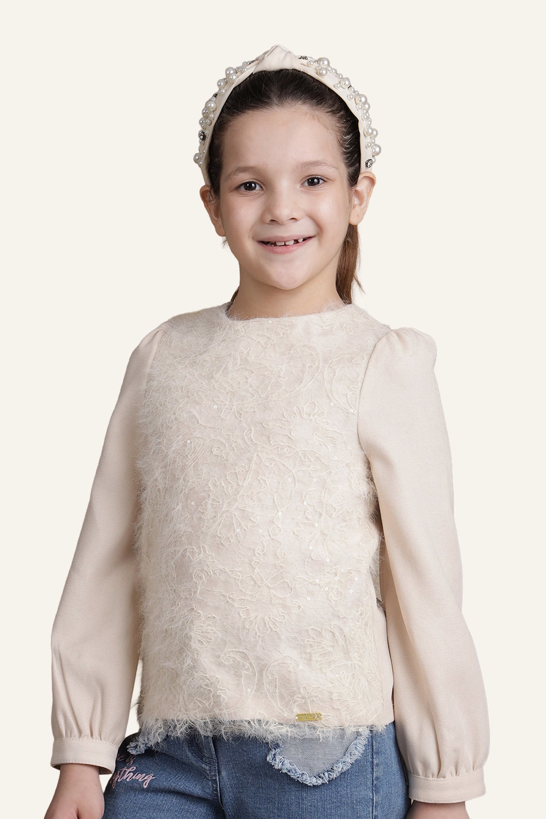 Girls Beige Laced Top