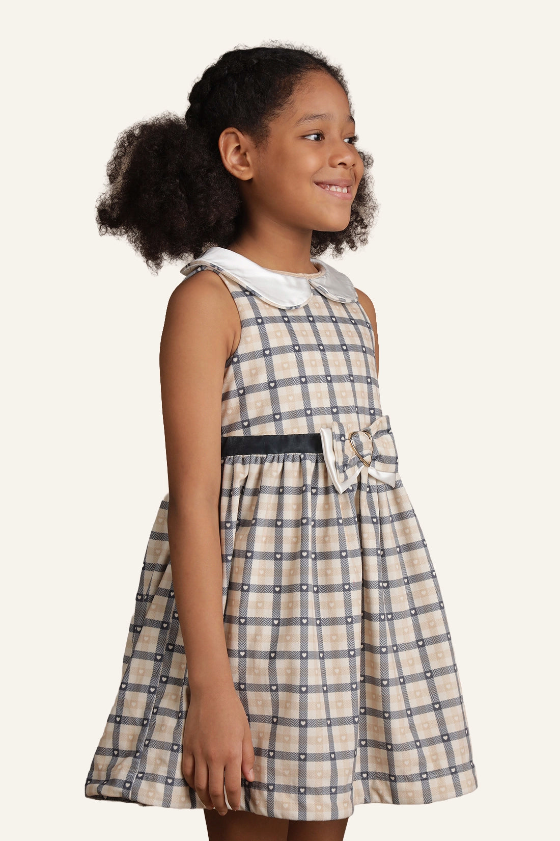 Girls Beige Checks Dress