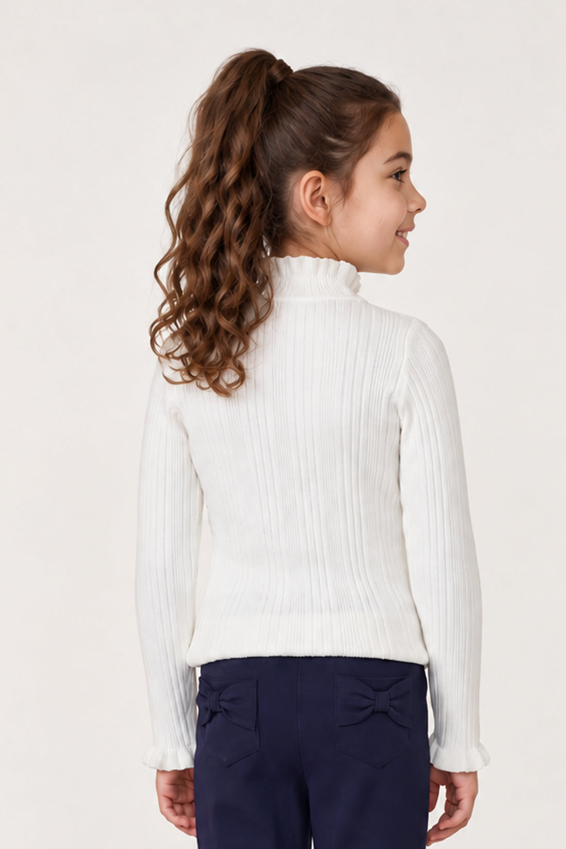 Girls Off White Acrylic High Neck Jumper