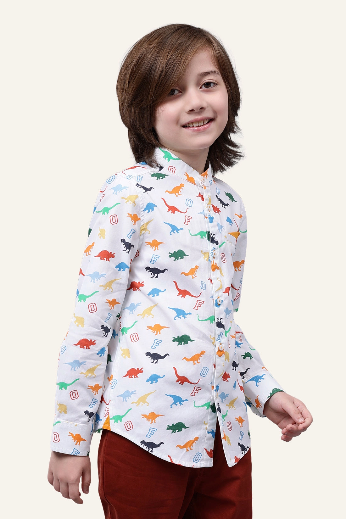 Boys Off White Chinese Collar Shirt