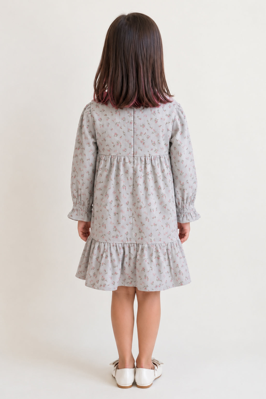 Baby Girls Blue Printed Corduroy Full Sleeve Dress