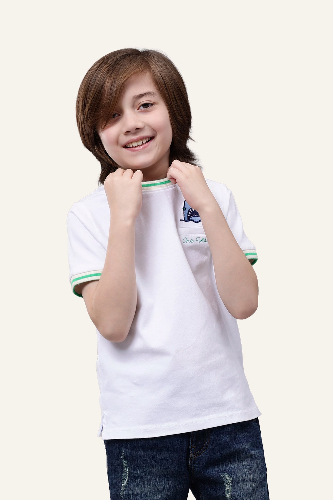 Boys 100% Cotton White Round Neck Embroidered T-shirt
