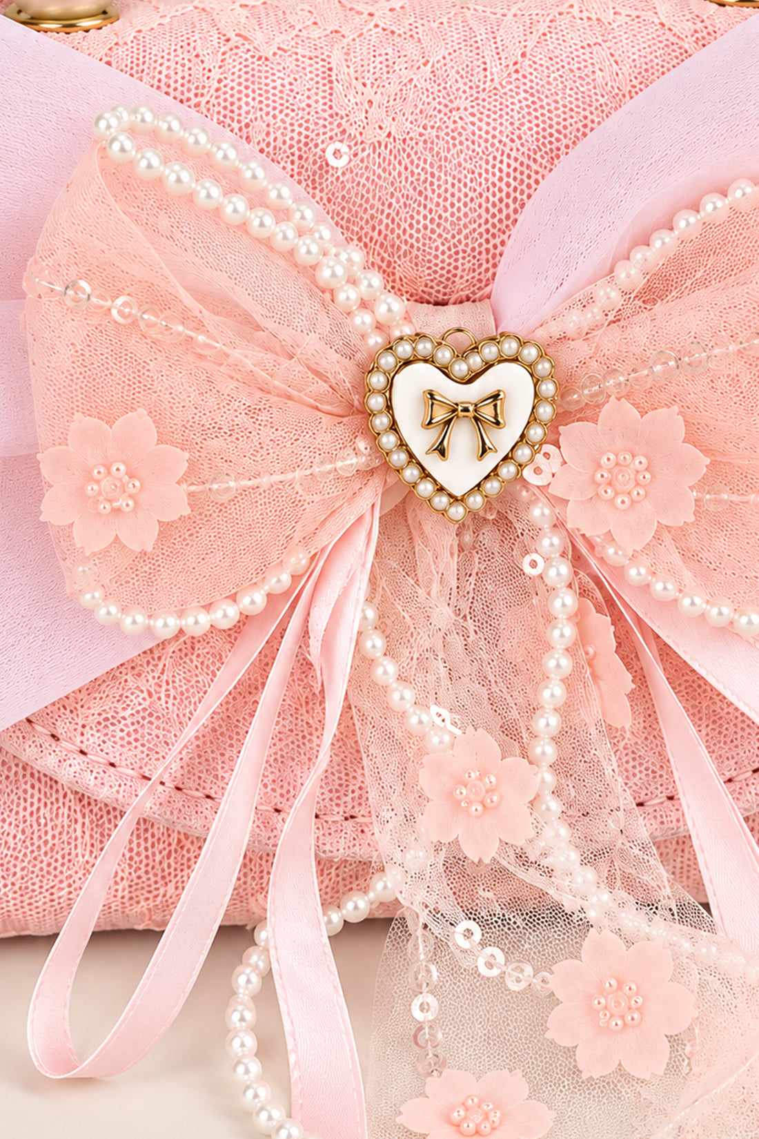Girls Pink Pearl Mesh Embellished Hand Bag